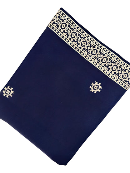 Blue Cream Embroidered Border Shaal