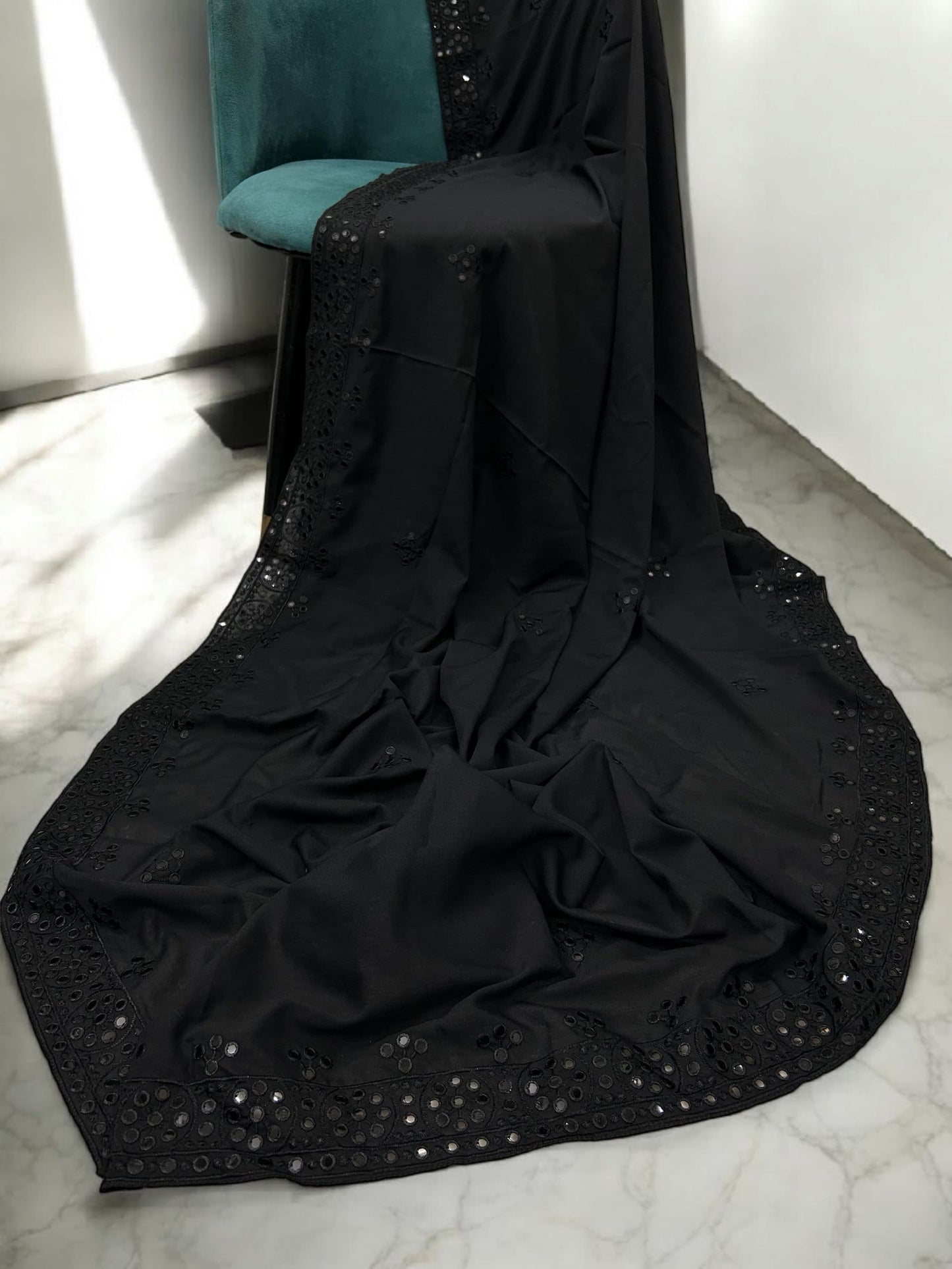 Pure Black Mirrorwork Embroidered Border Shaal