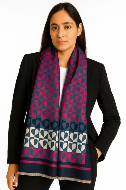 Luxury Branded Wool Scarf - Blue Pink Hearts