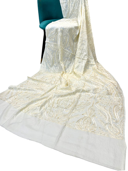 White Cream - Embroidered Paisley Kashmiri Shawl
