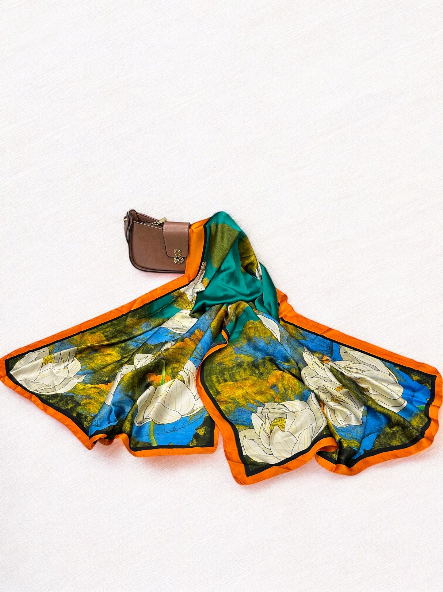 Large Satin Silk Scarf - Green Orange Garden