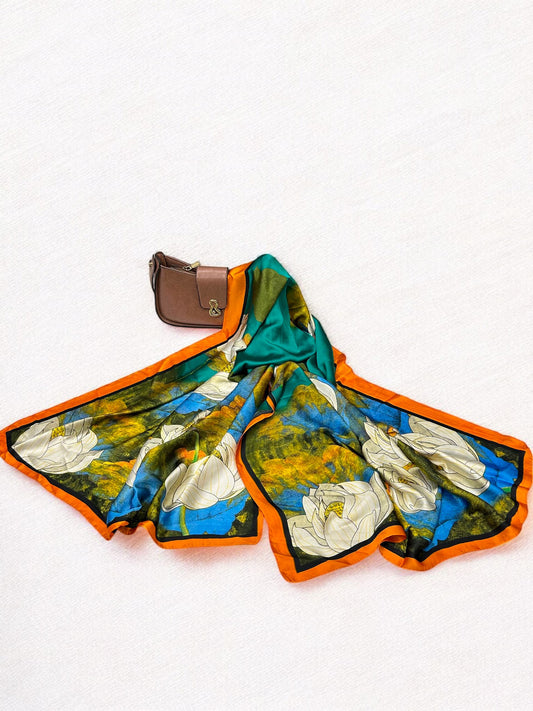 Large Satin Silk Scarf - Green Orange Garden