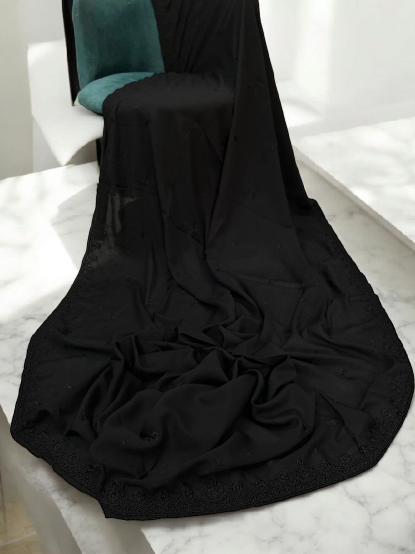 Pure Black Floral Embroidered Border Shaal