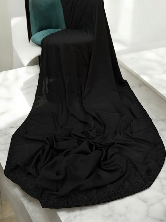 Pure Black Floral Embroidered Border Shaal