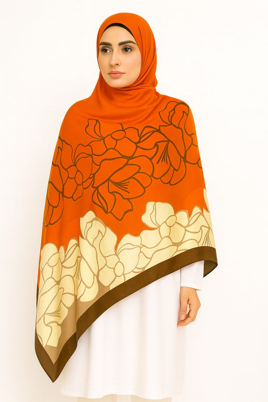 Large Satin Silk Scarf - Pumpkin Floral