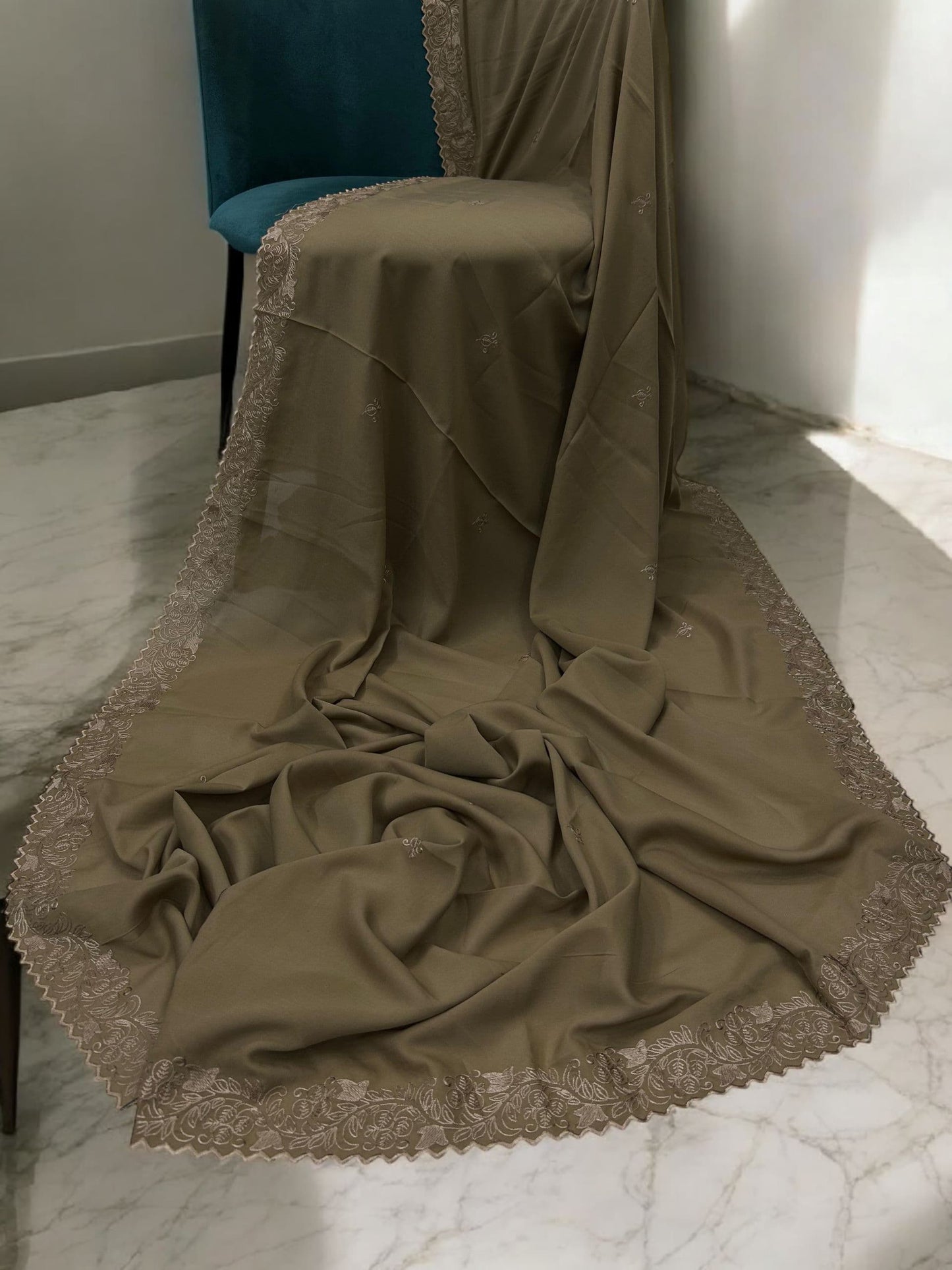 Taupe Cream Cutwork Embroidered Border Shaal