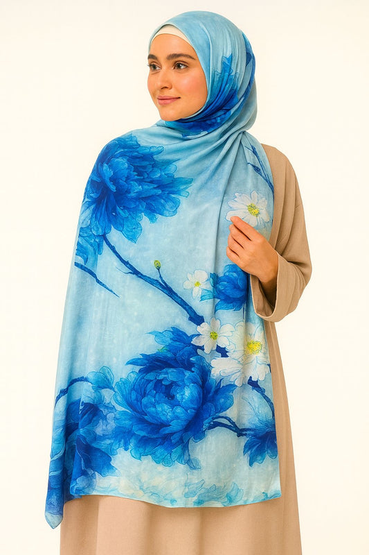 Large Satin Silk Scarf - Shades of Blue Floral