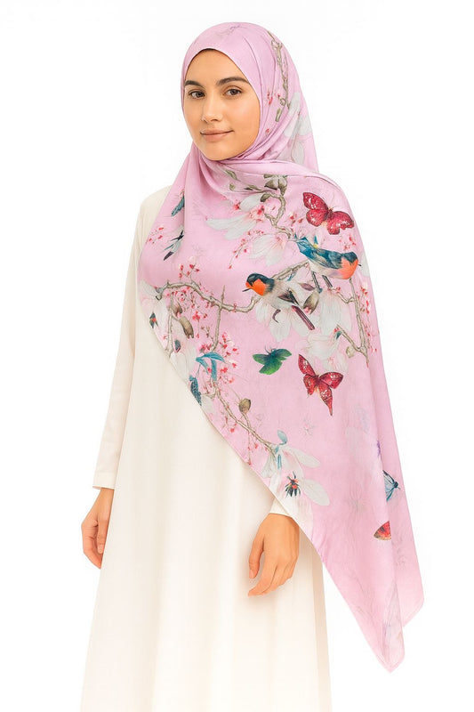 Large Satin Silk Scarf - Candy Floss Floral Garden