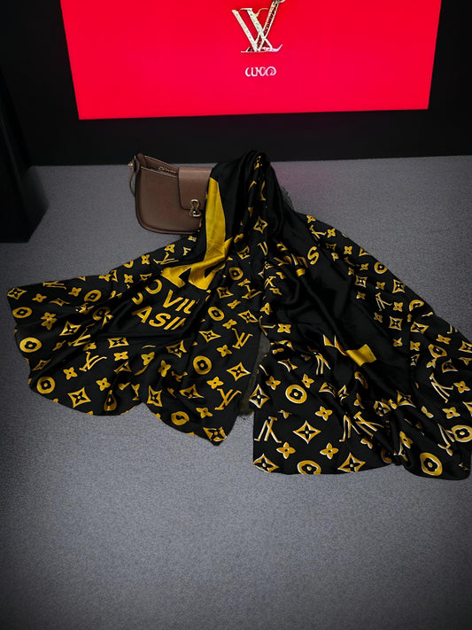 Large Satin Silk Scarf - Black Yellow LV