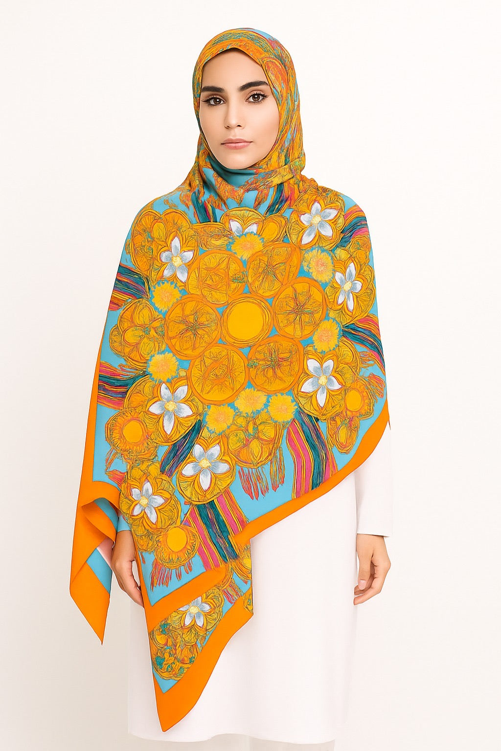 Large Satin Silk Scarf - Orange Mandala Floral