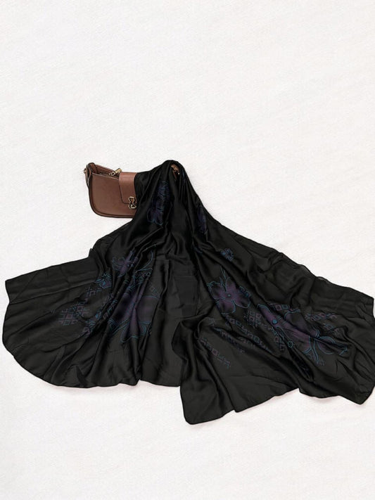 Large Satin Silk Scarf - Black Purple pattern