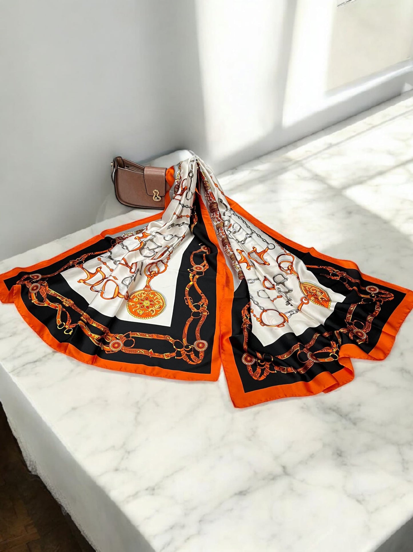 Large Satin Silk Scarf - Tangerine Black Chains