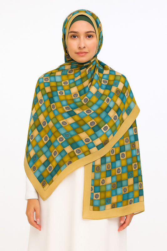 Large Satin Silk Scarf - Teal Gold Squares
