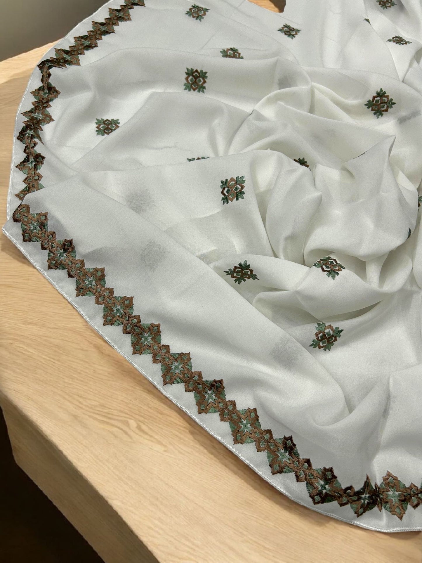 White Brown Mint Floral Diamond Embroidered Shaal