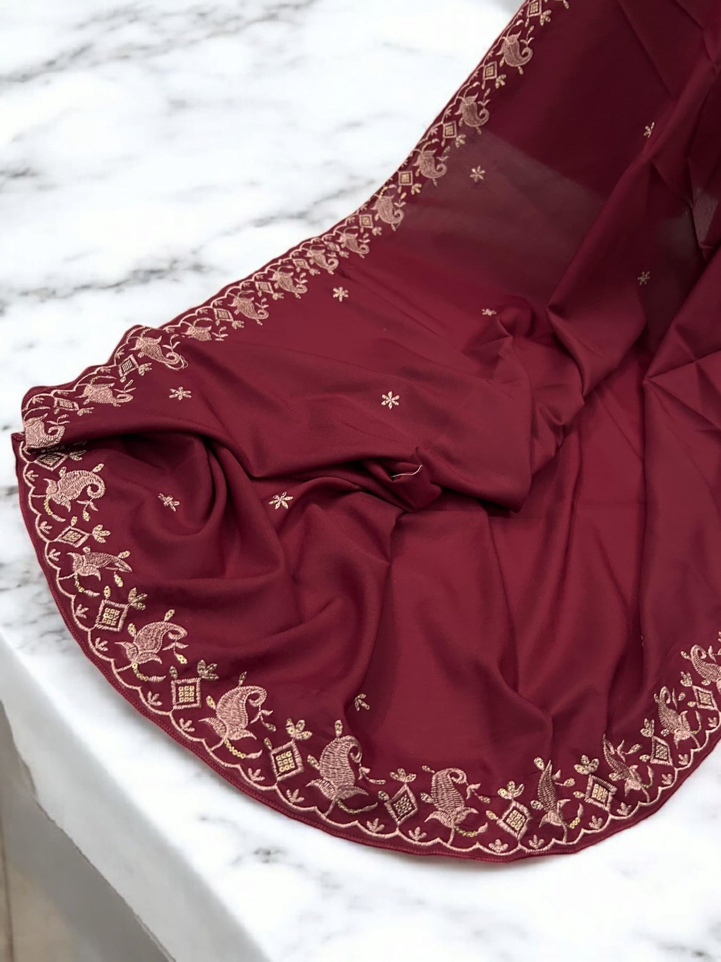 Maroon Pink Fancy Cutwork Border Shaal