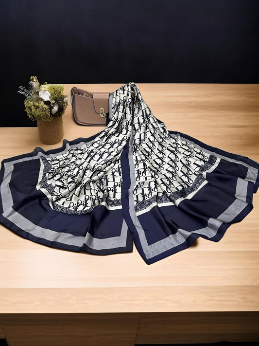 Large Satin Silk Scarf - Navy Blue Grey Dior