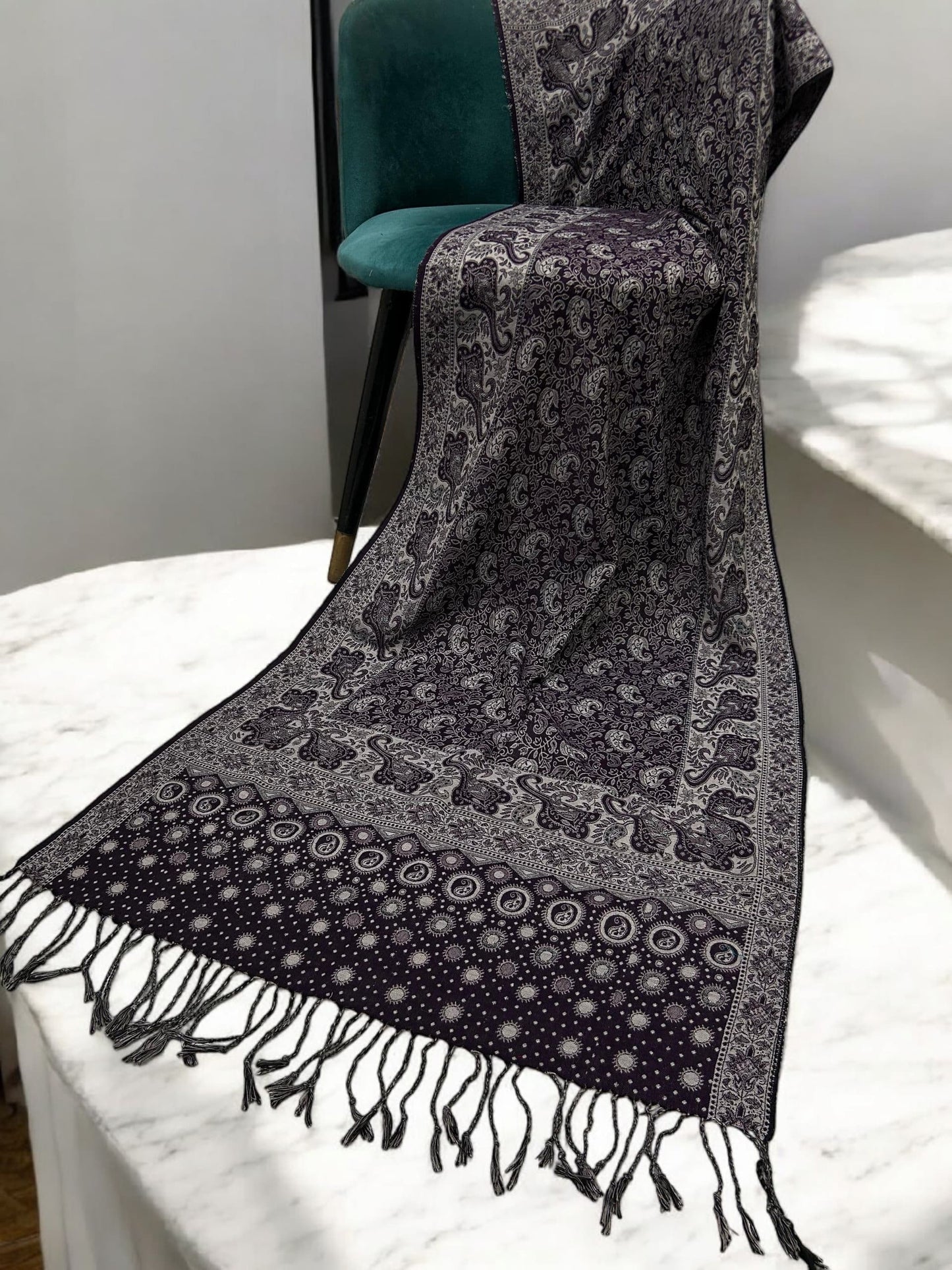 Midnight Purple Silver Dotted Two-tone Paisley Pashmina Hijab