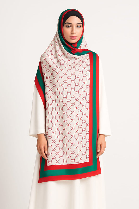 Large Satin Silk Scarf - White Red Gucci