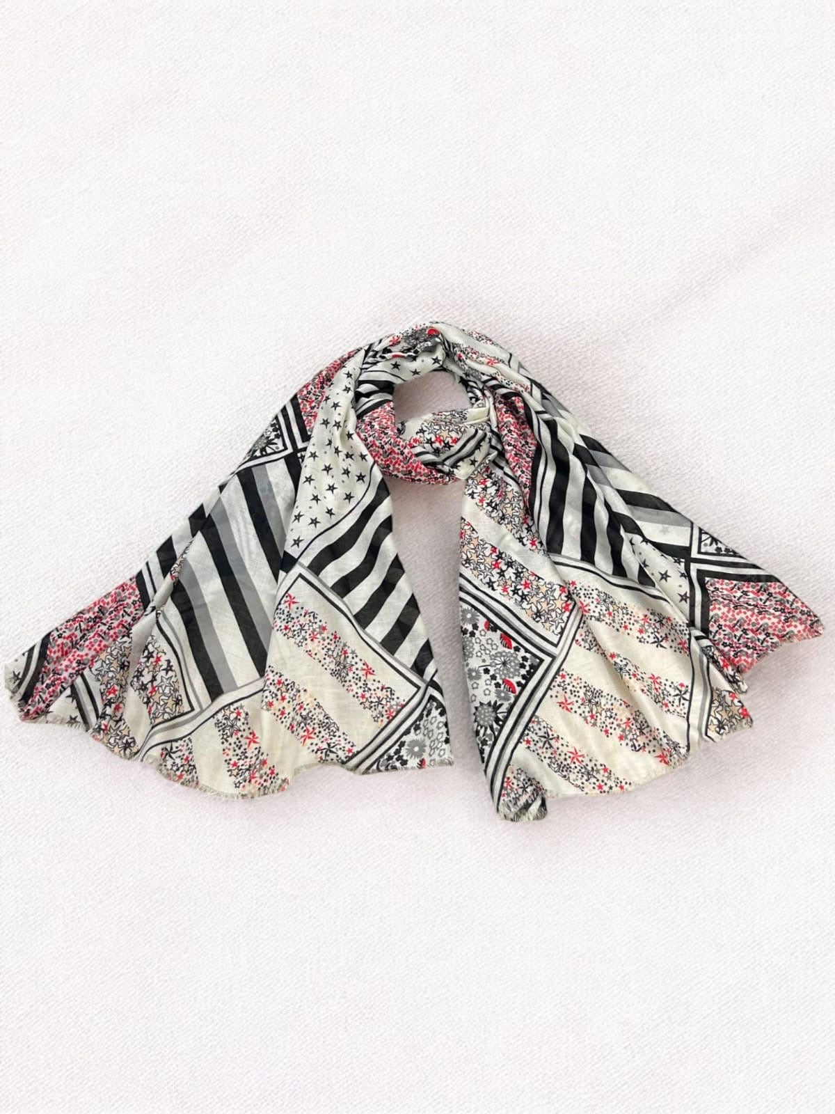 Cream Black Geometric Floral Printed Modal Hijab