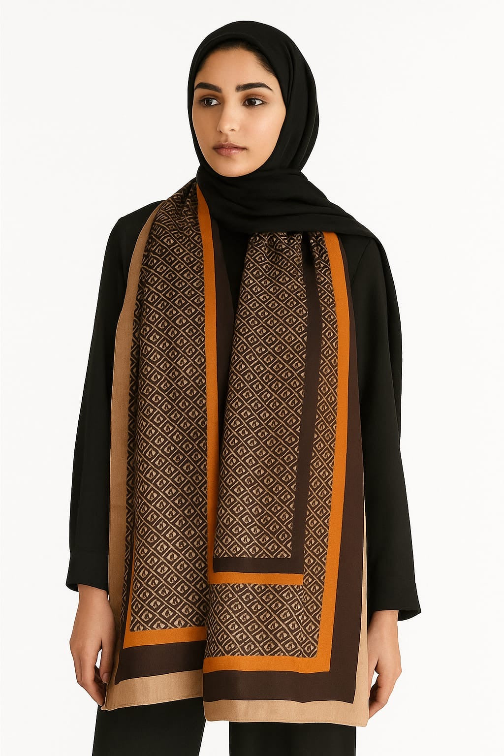 Printed Viscose Wool Hijab - Branded Brown