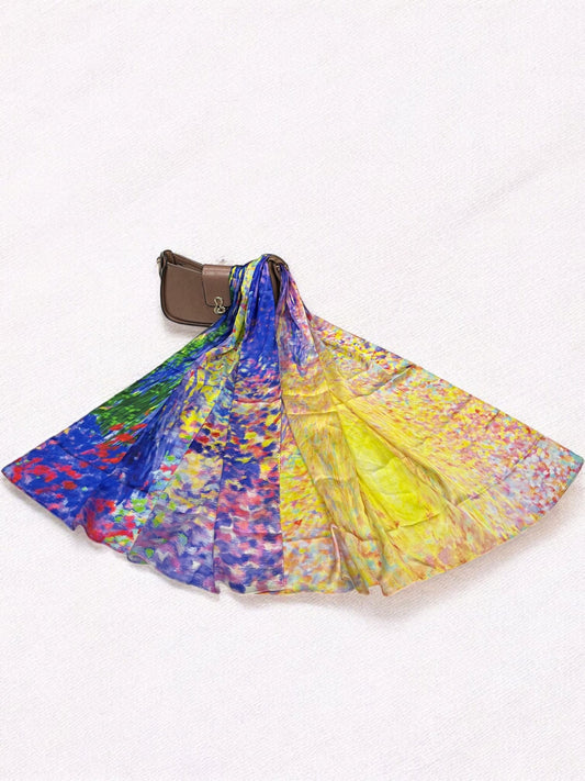 Large Satin Silk Scarf - Yellow Blue Parfait