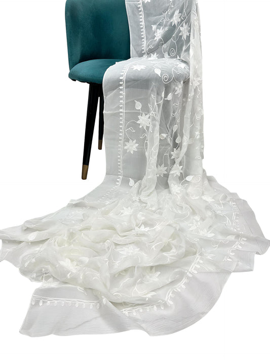 White Floral Garden Embroidered Chiffon Dupatta