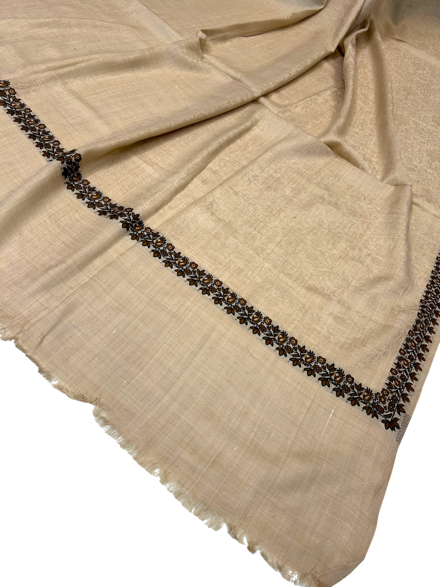 Beige - Plain Kashmiri Border Shawl