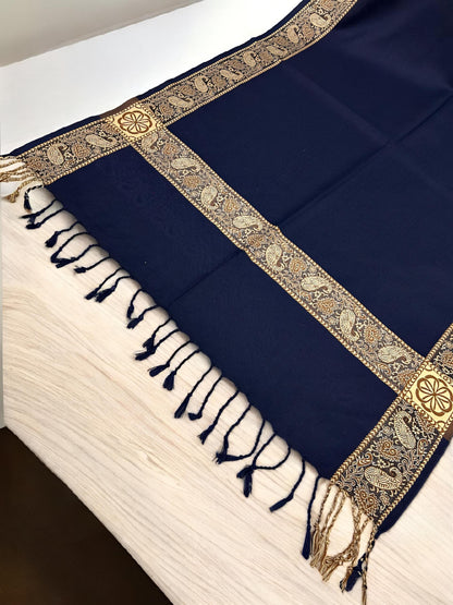 Navy Blue Beige Border Paisley Pashmina Hijab