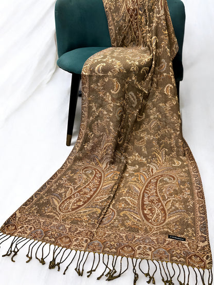 Avocado Green Brown Persian Garden Paisley Two-Tone Pashmina Hijab