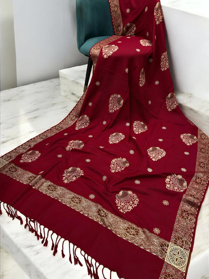 Scarlet Gold Border Embroidered Cream Patchwork Pashmina Shawl