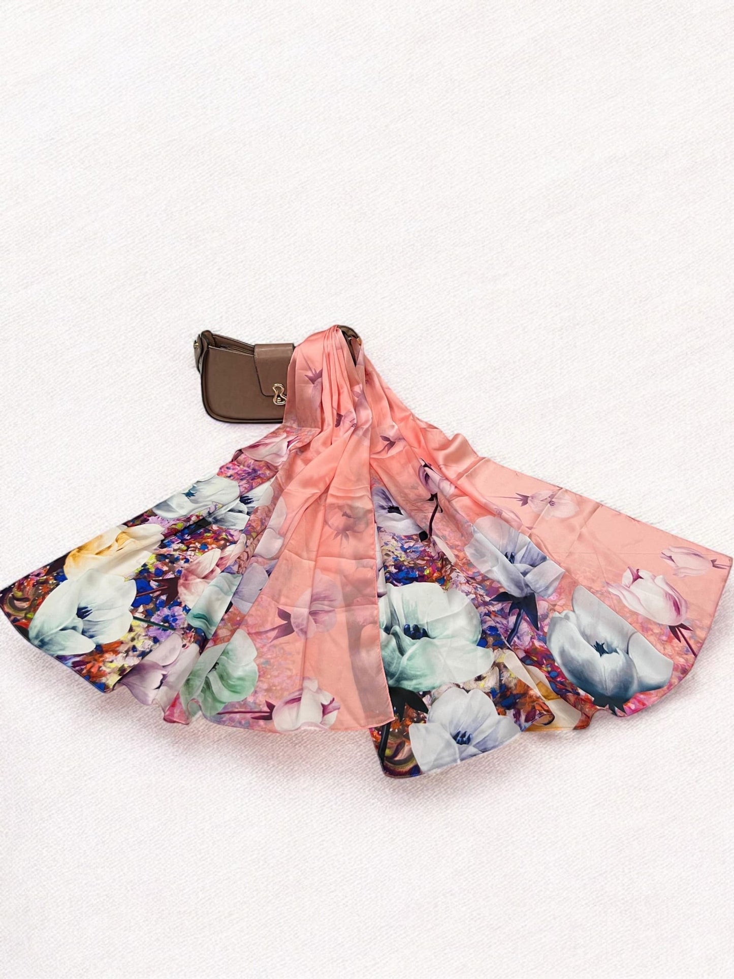 Large Satin Silk Scarf - Peach White Flowers