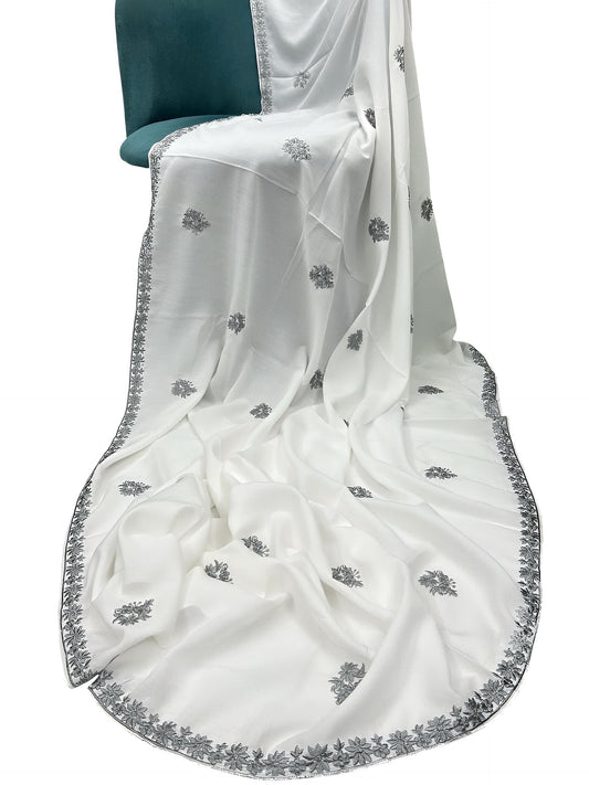 White Gray Silver Floral Border Shaal