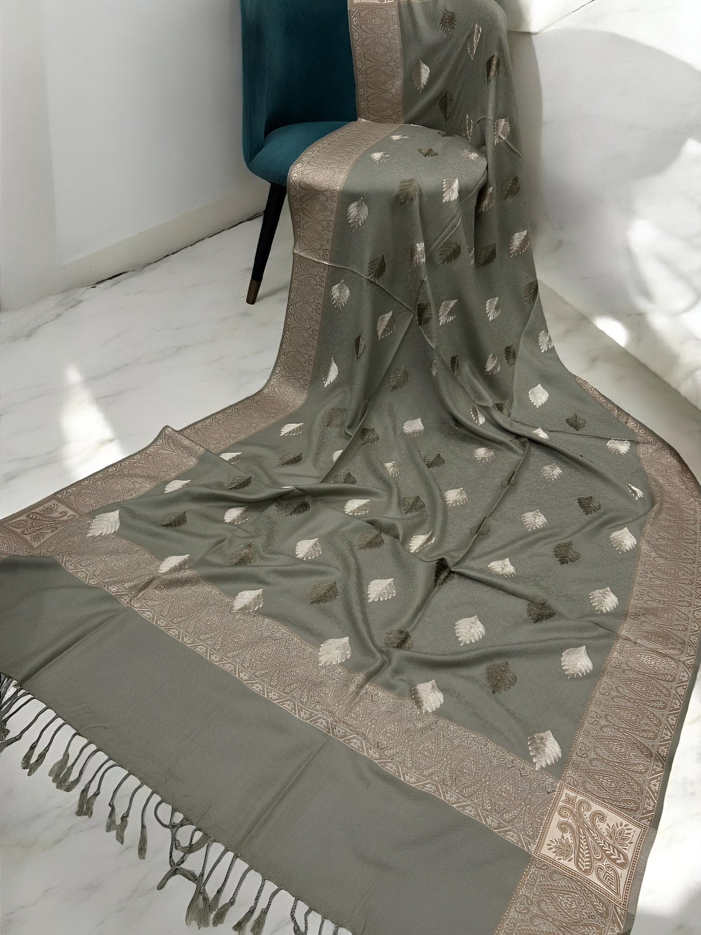 Gum Beige Cream Border Leaf Embroidered Pashmina Shawl