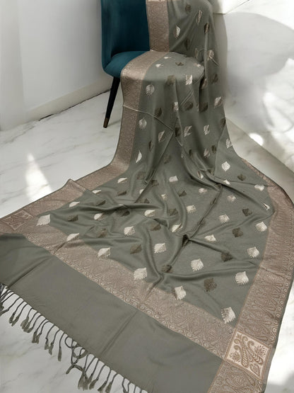 Gum Beige Cream Border Leaf Embroidered Pashmina Shawl