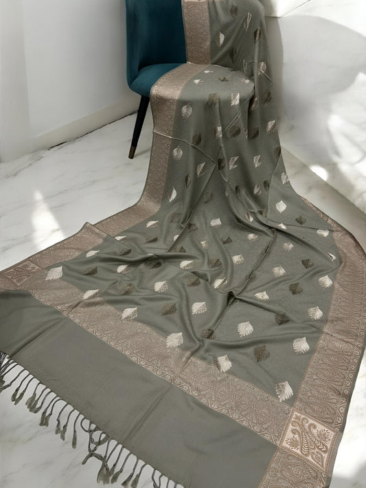 Gum Beige Cream Border Leaf Embroidered Pashmina Shawl