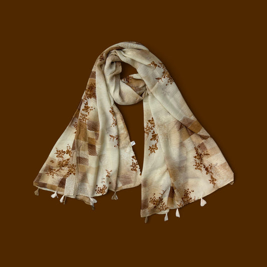 Off White Wood Brown Sketches Floral Printed Modal Hijab