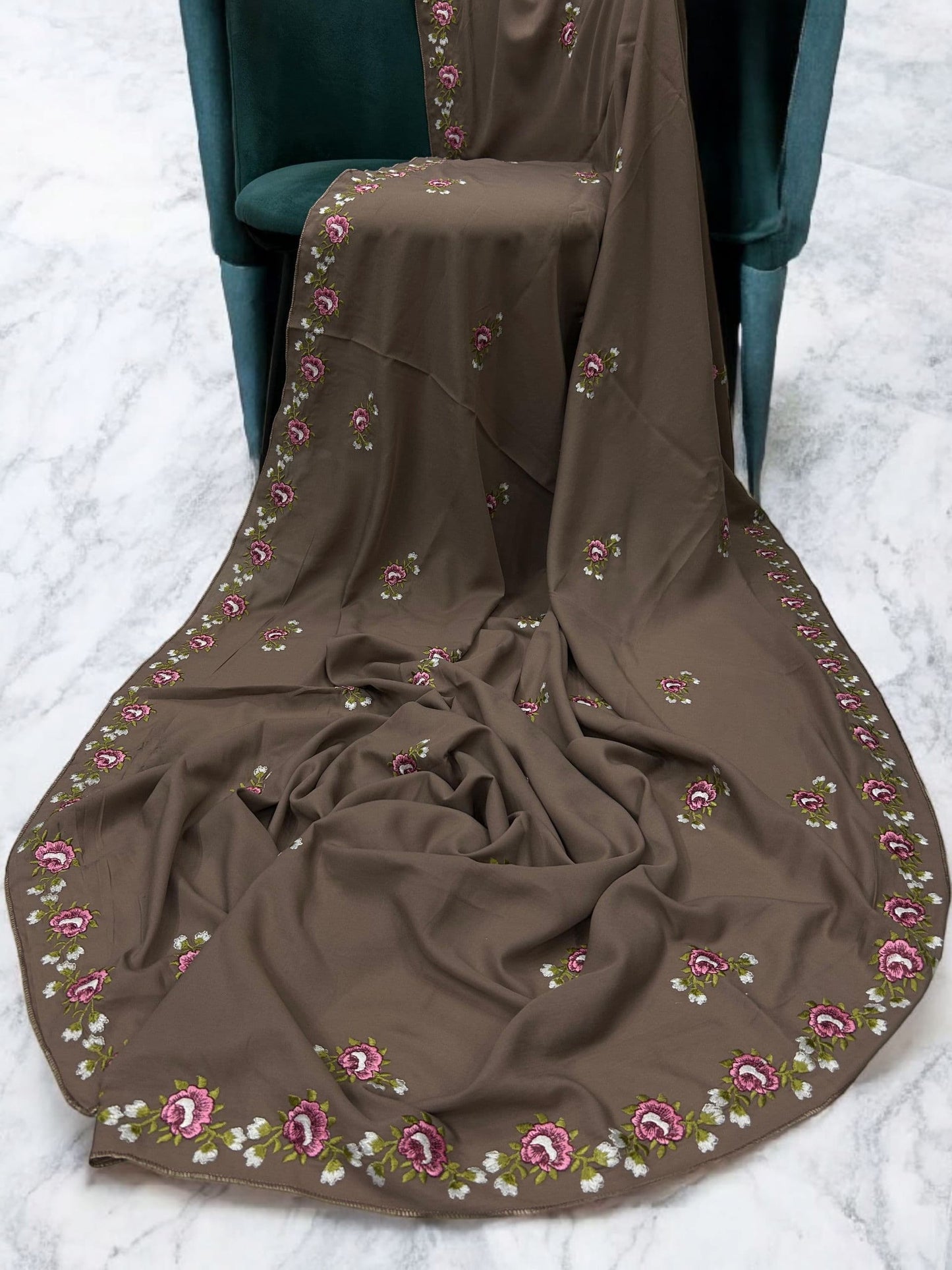 Coffee Pink Floral Garden Embroidered Shaal