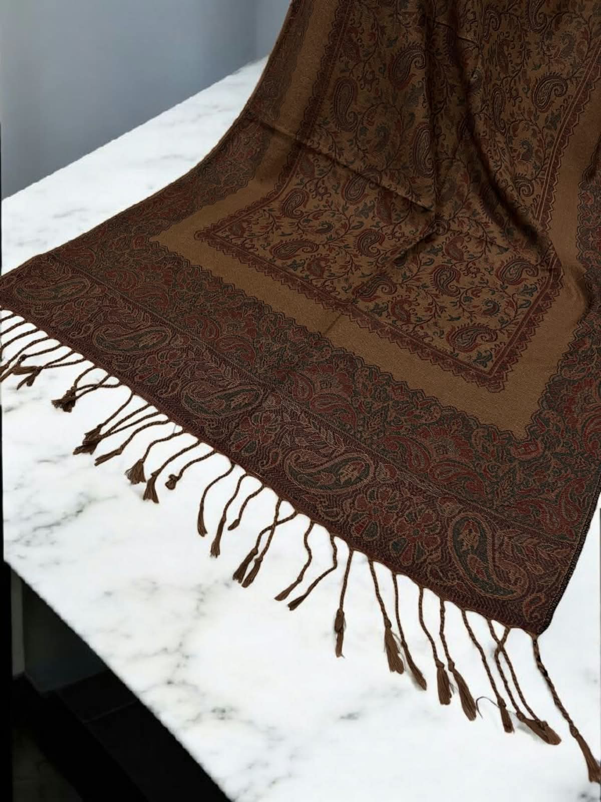 Coffee Maroon Mint Little Paisleys Two-Tone Pashmina Hijab