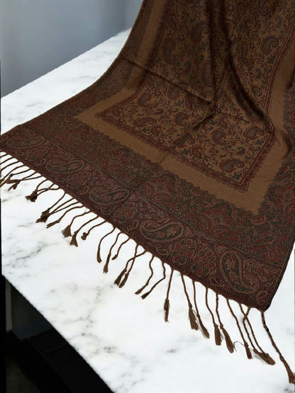 Coffee Maroon Mint Little Paisleys Two-Tone Pashmina Hijab