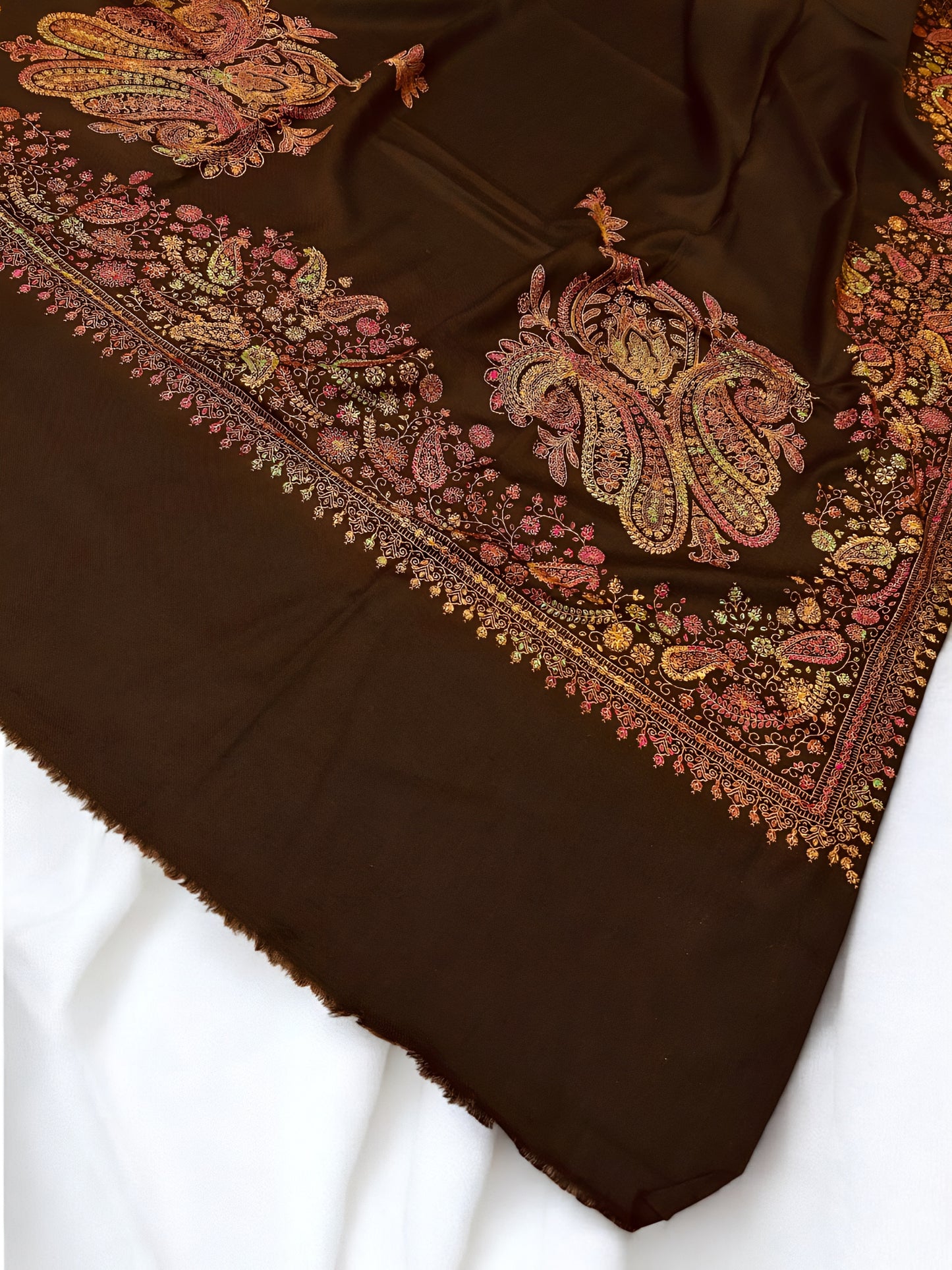 Chocolate Brown Coral - Hand Embroidered Paisley Kashmiri Shawl