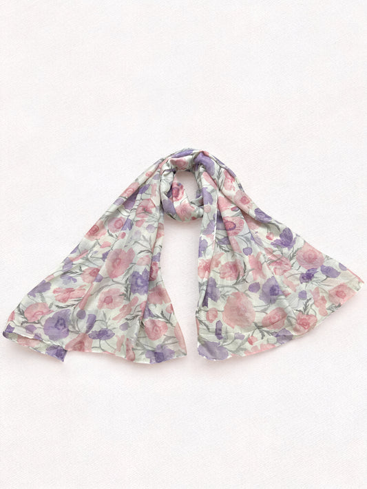 Beige Lilac Pink Floral Printed Modal Hijab
