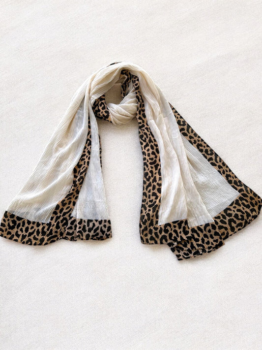 White Beige Leopard Border Printed Pleated Modal Hijab