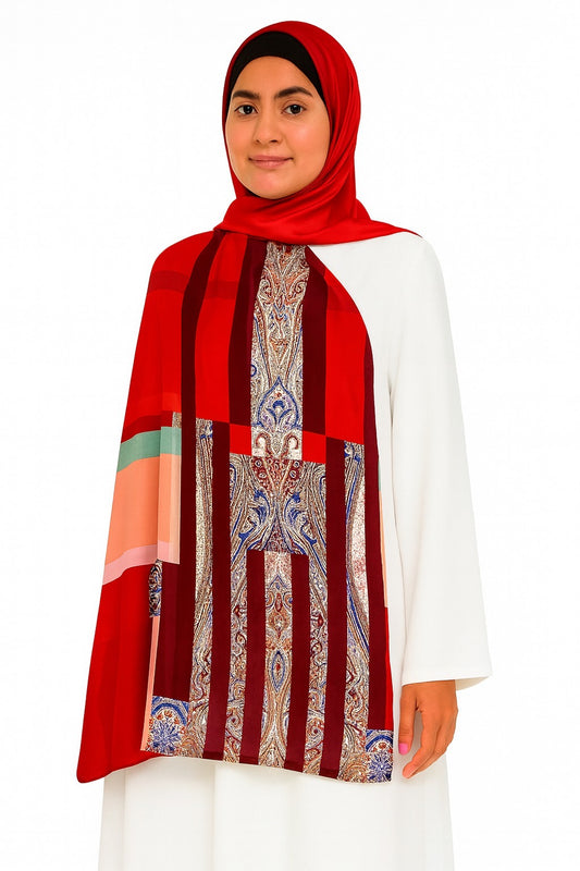 Large Satin Silk Scarf - Tomato Red Paisley