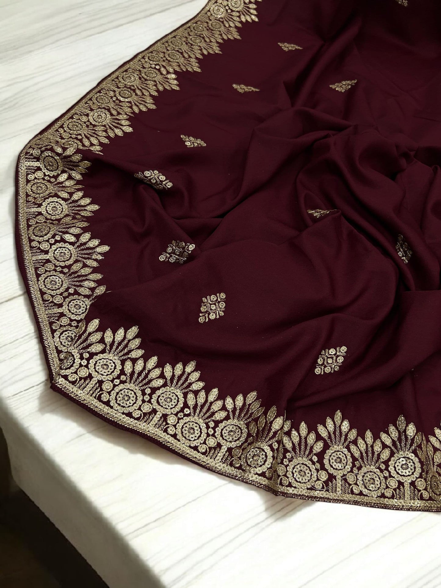 Maroon Gold Floral Sequence Bridal Embroidered Shaal