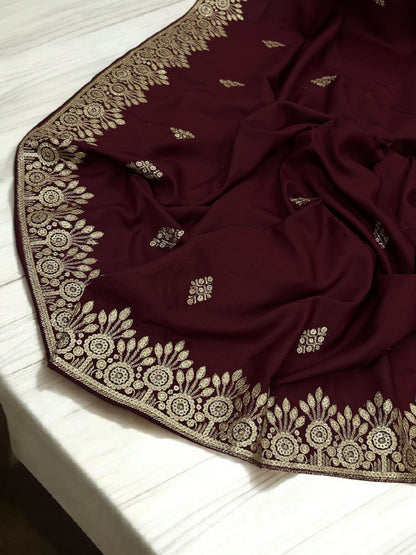 Maroon Gold Floral Sequence Bridal Embroidered Shaal