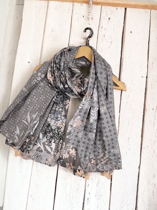 Grey Nude Floral Printed Lawn Hijab