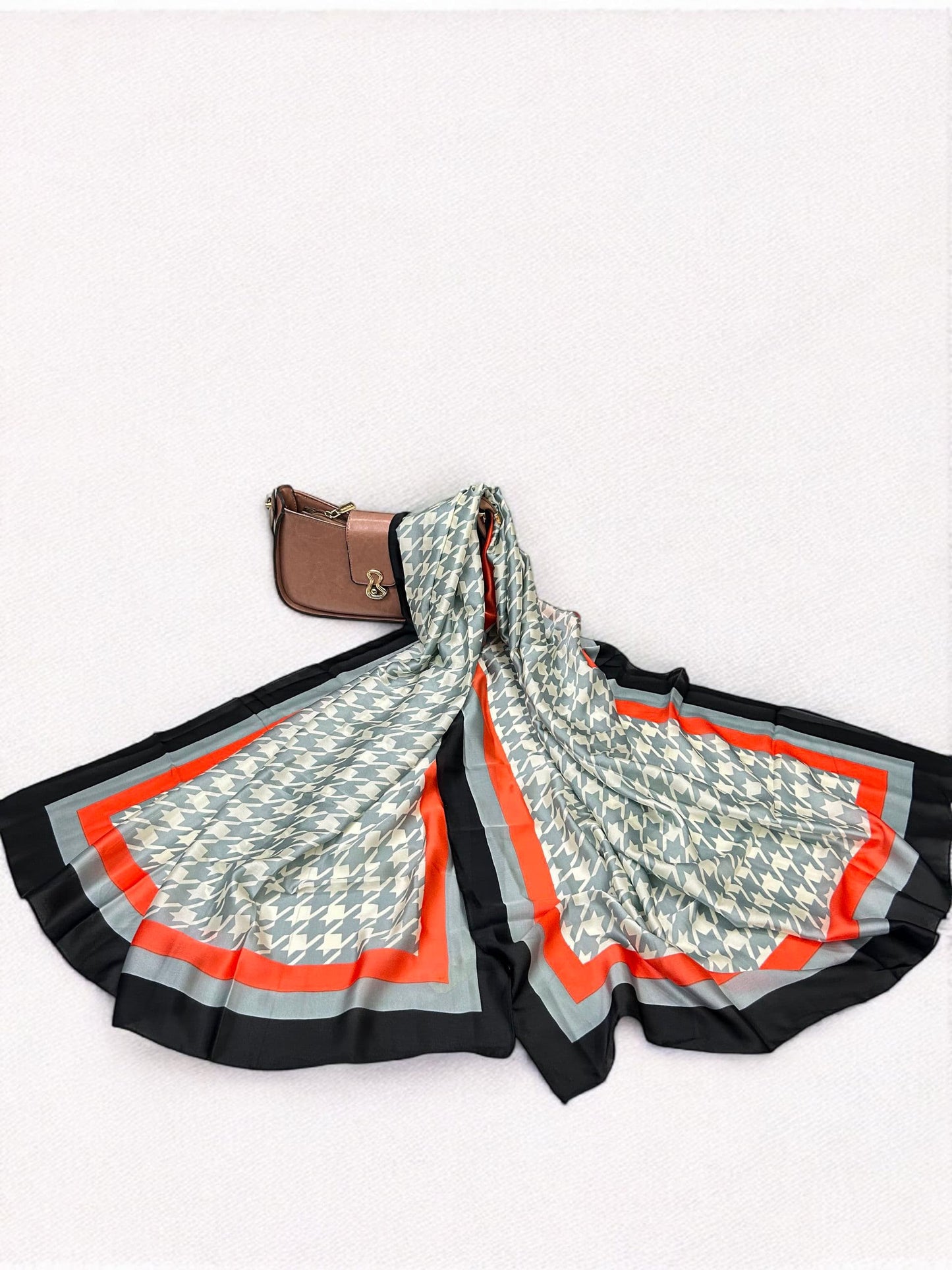 Large Satin Silk Scarf - Grey White Houndstooth