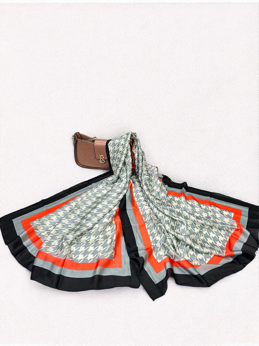 Large Satin Silk Scarf - Grey White Houndstooth