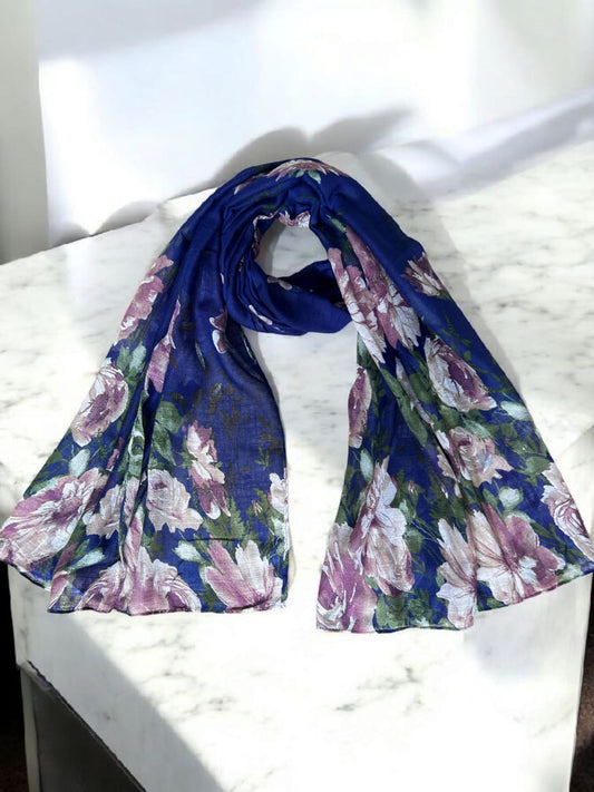 Ink Blue Lavender Floral Printed Lawn Hijab