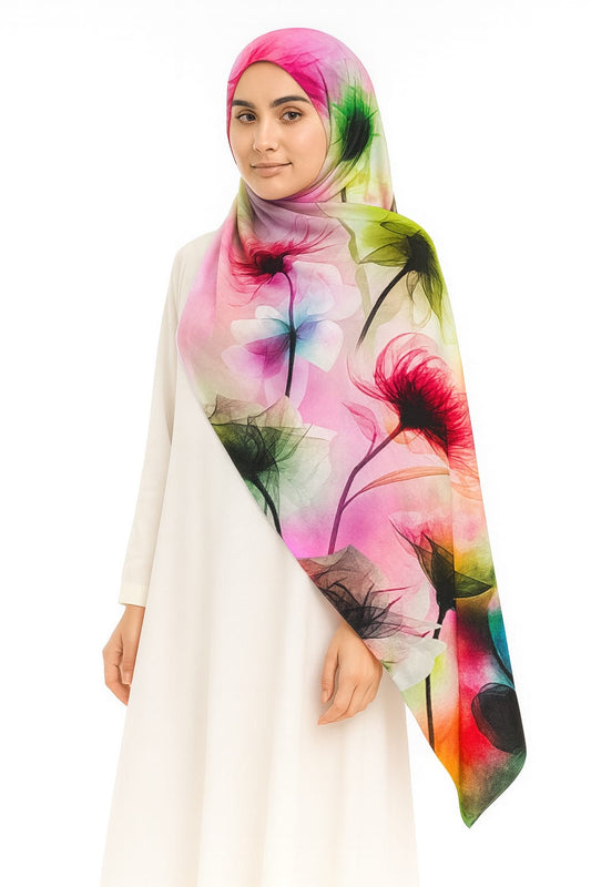 Large Satin Silk Scarf - Pink Colorful Flowers